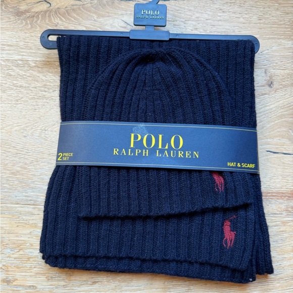 🔥NEW🔥Polo Ralph Lauren Merino-Blend Beanie/Scarf Set in Navy Red logo pricefirm